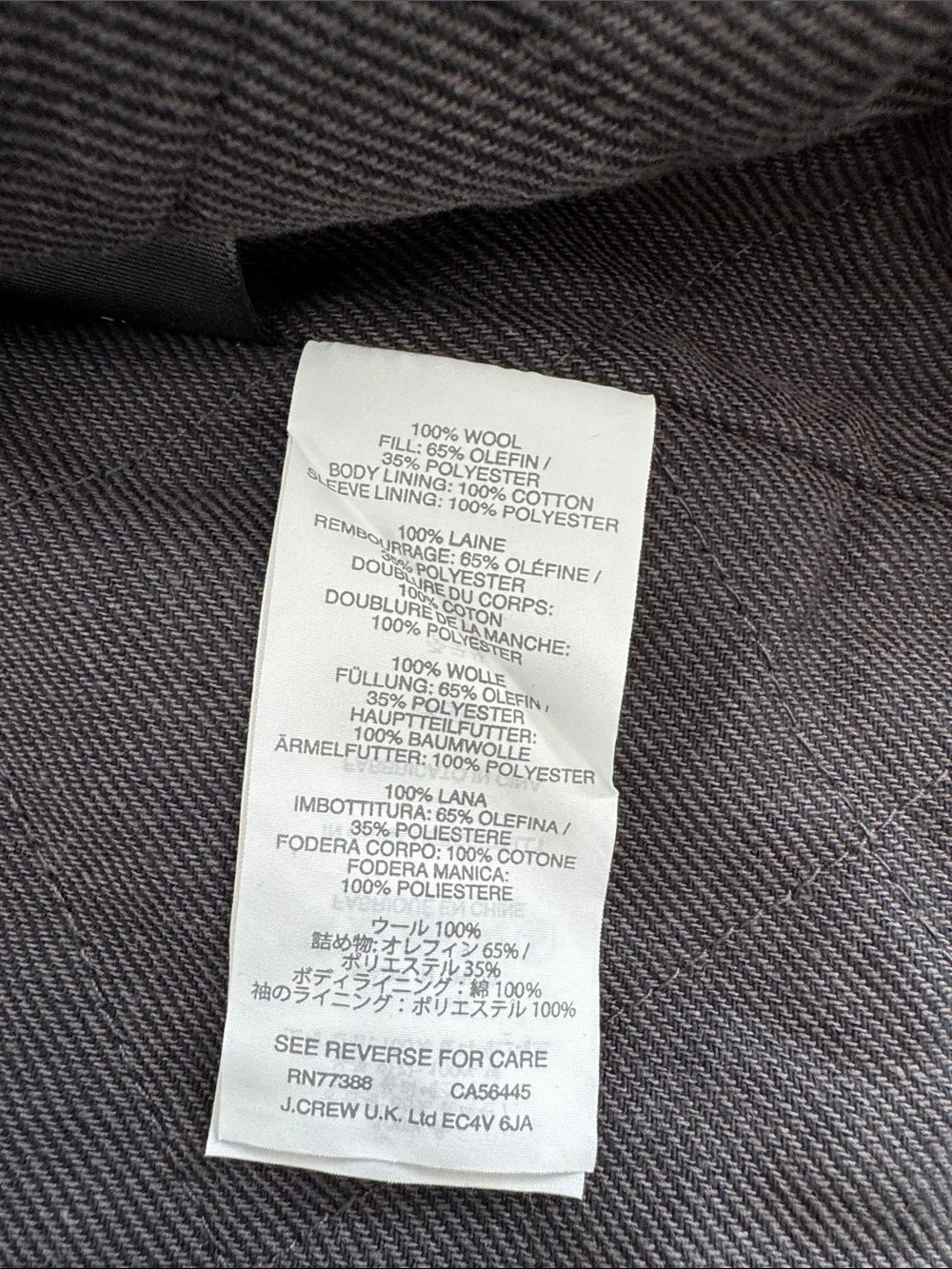 J. Crew Men's Charcoal Wool Pea Coat